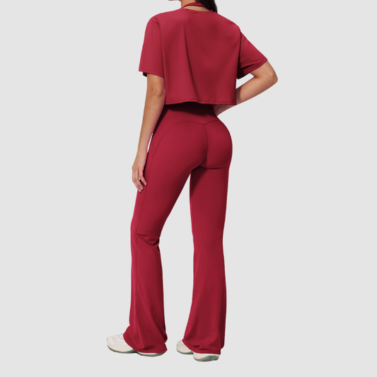 Wholesale round neck short sleeved top+flared pants 2-piece set