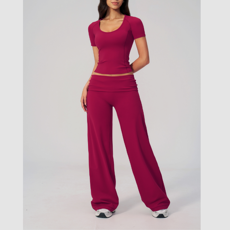 Wholesale Seam-Detail Cropped T-Shirt & Folding waist Flare Leggings Set