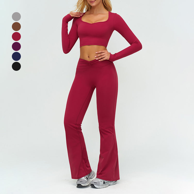 Slim-fitting long-sleeved top + High-waisted flared pants 2-piece set