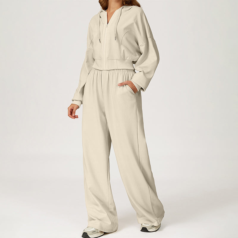 LOOSE HOODED AND FULL ZIPPER SWEATSHIRT + DRAWSTRING SWEATPANTS 2 PIECES SET