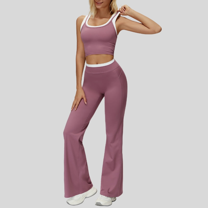 Two-piece contrasting sports tank top+port slightly flared pants 2-piece set