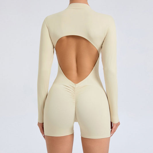 backless half zipper long sleeve yoga shorts jumpsuit