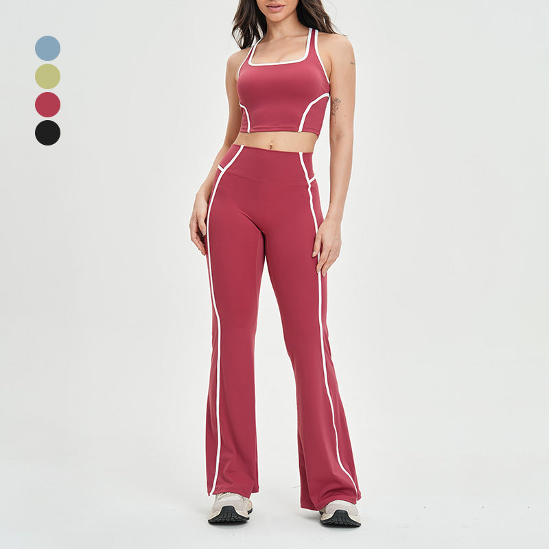 Women's contrasting color backless tank top + high-waisted flared pants 2-piece set