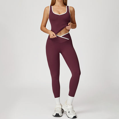 Contrasted color Yoga Tank Top + High Waist leggings 2-piece Set