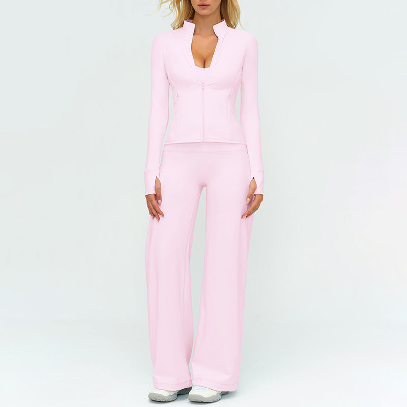 Stand collar zipper jacket + high-waisted loose wide-leg pants 2-piece set