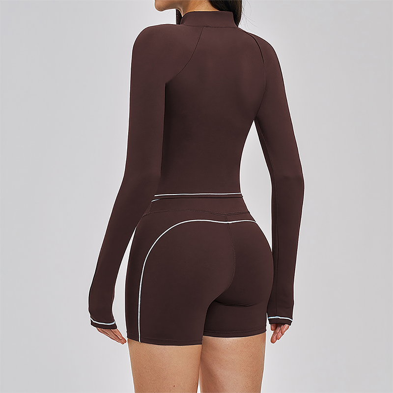 Color blocking Sports jacket+Sport Bra+High waisted shorts 3-piece set
