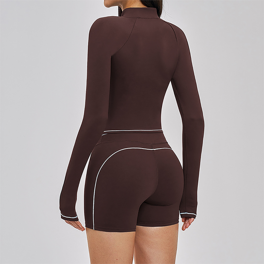 Color blocking Sports jacket+Sport Bra+High waisted shorts 3-piece set