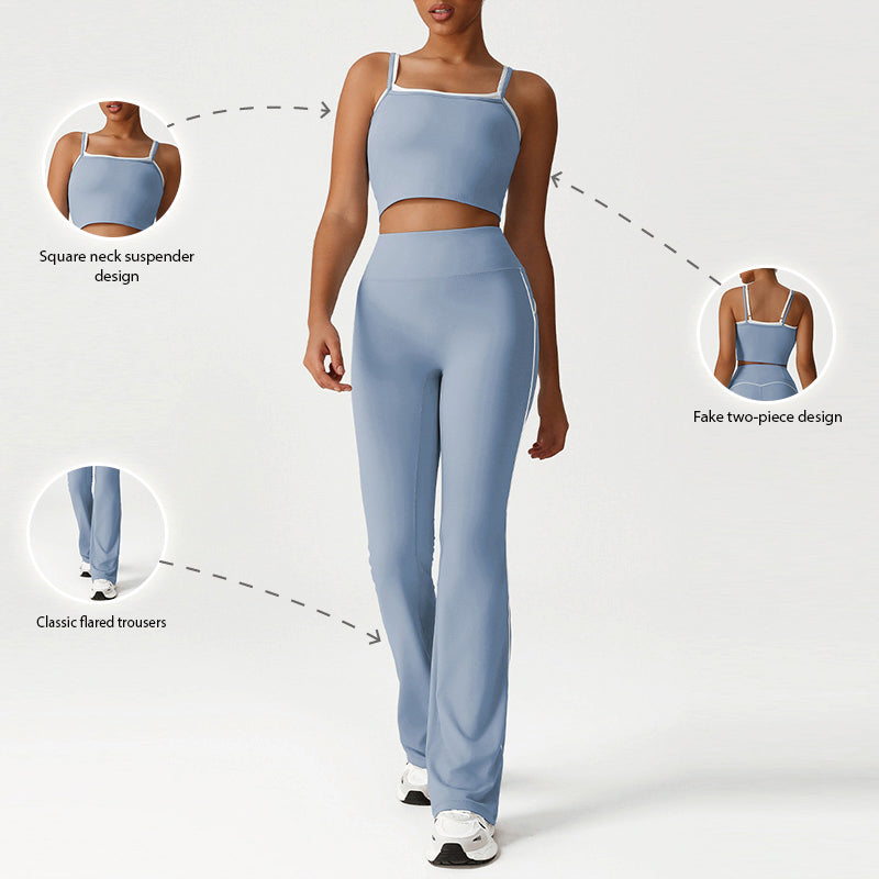 Layered-Look Spaghetti Strap Crop Top + Butt-Lifting Flared Pants 2-Piece Set