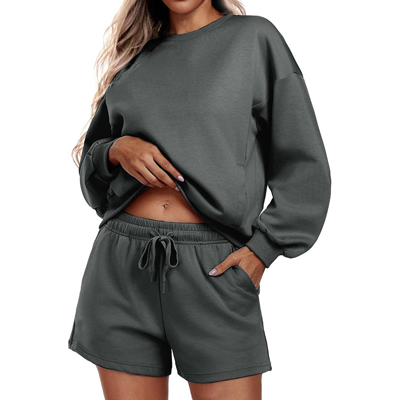 Round neck loose casual sweatshirt+Loose-fitting athletic shorts 2-piece set