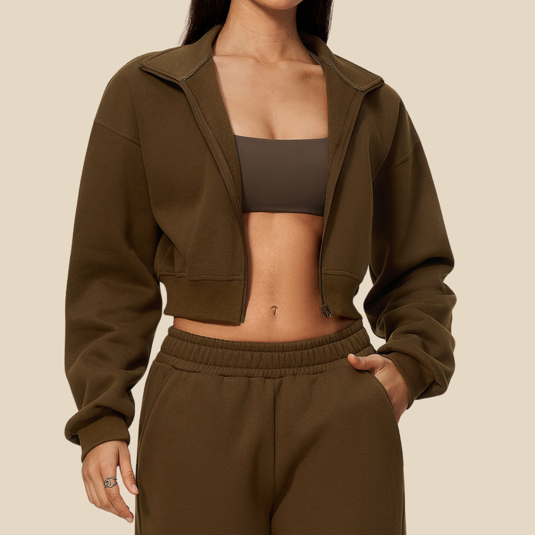 wholesale Women's Activewear Fleece-Lined Stand-Collar Zip Cropped Jacket