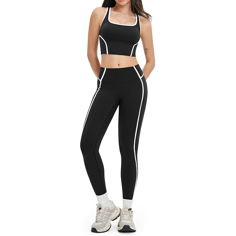 Women's contrasting color backless tank top + high-waisted leggings 2-piece set