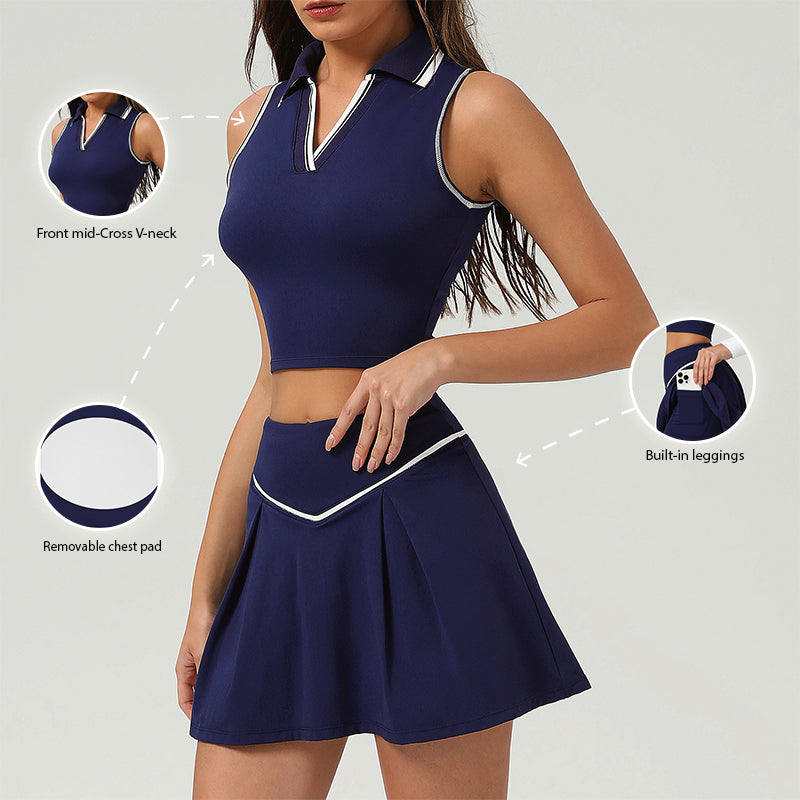 Lapel Sports Crop Top + Pleated Skirt 2-Piece Set