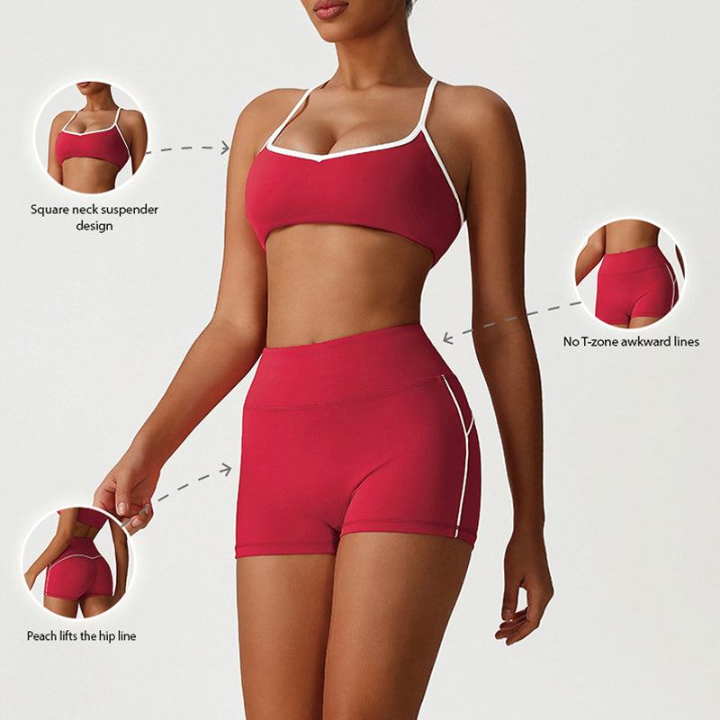 Cross-Back Color-Blocked Bra + High-Waisted Butt-Lifting Shorts 2-Piece Set