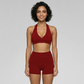 Deep V halter neck bra + high waisted shorts 2-piece set