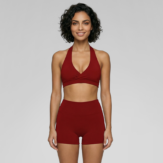 Deep V halter neck bra + high waisted shorts 2-piece set