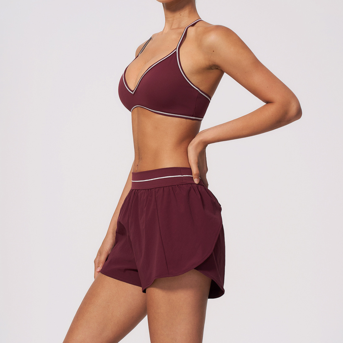 Wholesale Women's Brushed Yoga Set: V-Neck Strappy Bra & Shorts – Colorblock Tummy Control