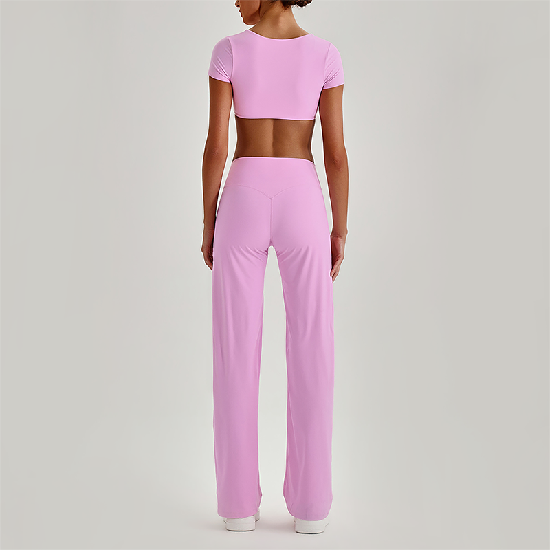 Wholesale Women's Short Sleeve Exposed Back Bra+Naked Feel Straight Leg Pants Yoga Set