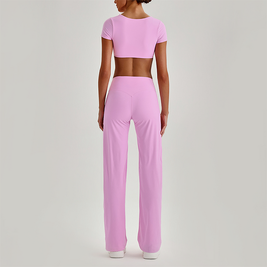 Wholesale Women's Short Sleeve Exposed Back Bra+Naked Feel Straight Leg Pants Yoga Set