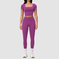 Wholesale Women's Seam-Detail Short Sleeve Crop Top + High-Waist Leggings Set – Butt-Lifting Yoga Gym Activewear