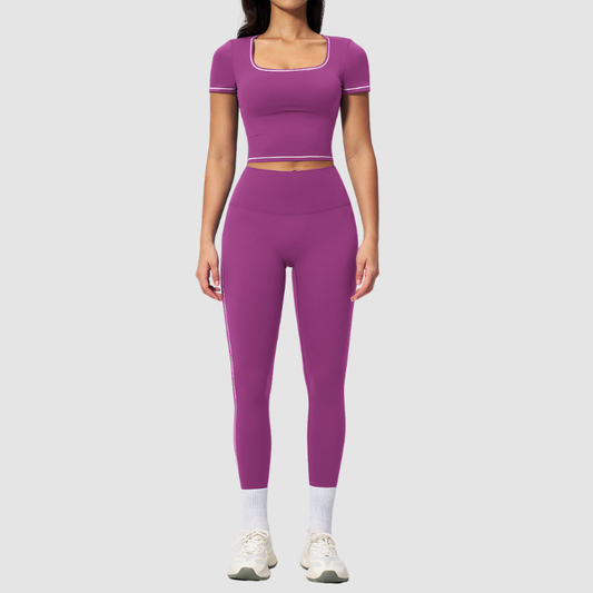 Wholesale Women's Seam-Detail Short Sleeve Crop Top + High-Waist Leggings Set – Butt-Lifting Yoga Gym Activewear