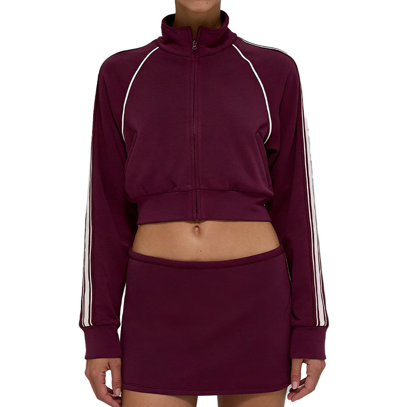 Contrasting stand-up collar coat + contrasting A-line skirt 2 piece set