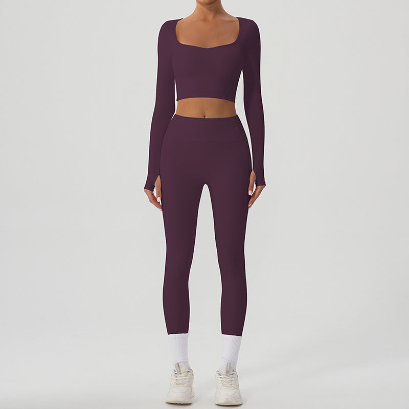 Snug-fit U-neck ​Cropped Long Sleeves + High-waisted Leggings 2-Piece Set