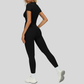 Slim-fit stand-up collar short-sleeved top+Pleated waistband sport leggings 2-piece set