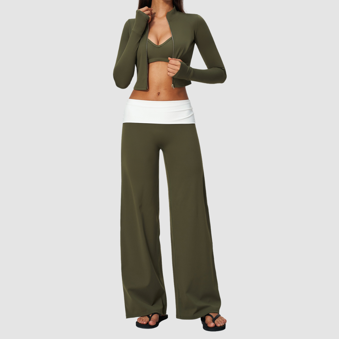 Wholesale Women’s 3-Piece Zip Jacket, Sports Bra & Wide-Leg Yoga Pants Set