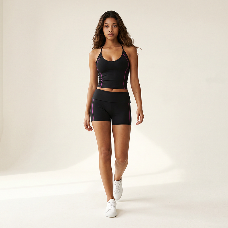 Wholesale Women's Halter V-Neck Color-Block Slim-Fit Sports Bra & Shorts Yoga Set