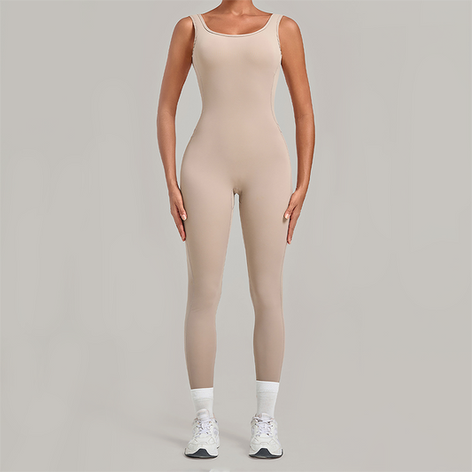 Wholesale Women's Brushed Yoga Jumpsuit – Open-Back Slim Fit Athletic Bodysuit w/ Chest Pad