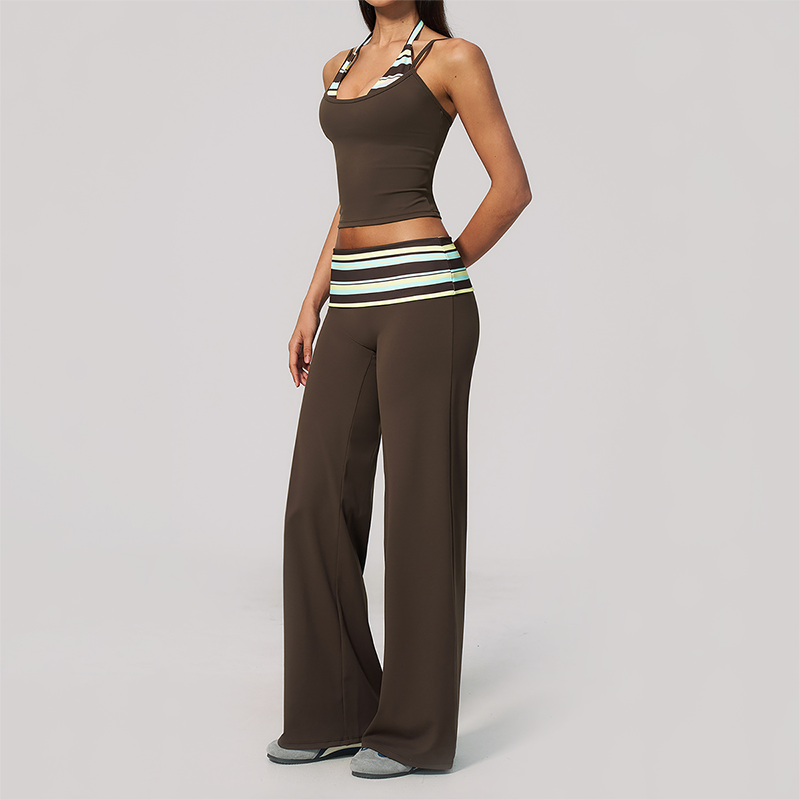 Wholesale Women's Polka Dot & Stripe Yoga Set Tank Top & Wide-Leg Pants w/ Chest Pad
