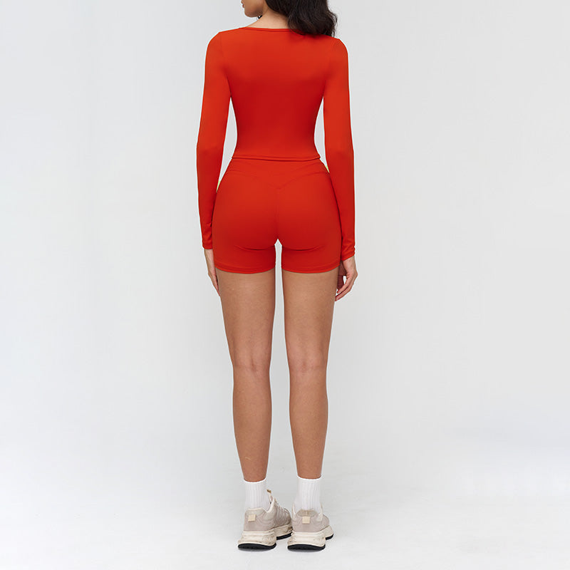 V-neck slim-fit long-sleeved top + High waist shorts 2-piece set