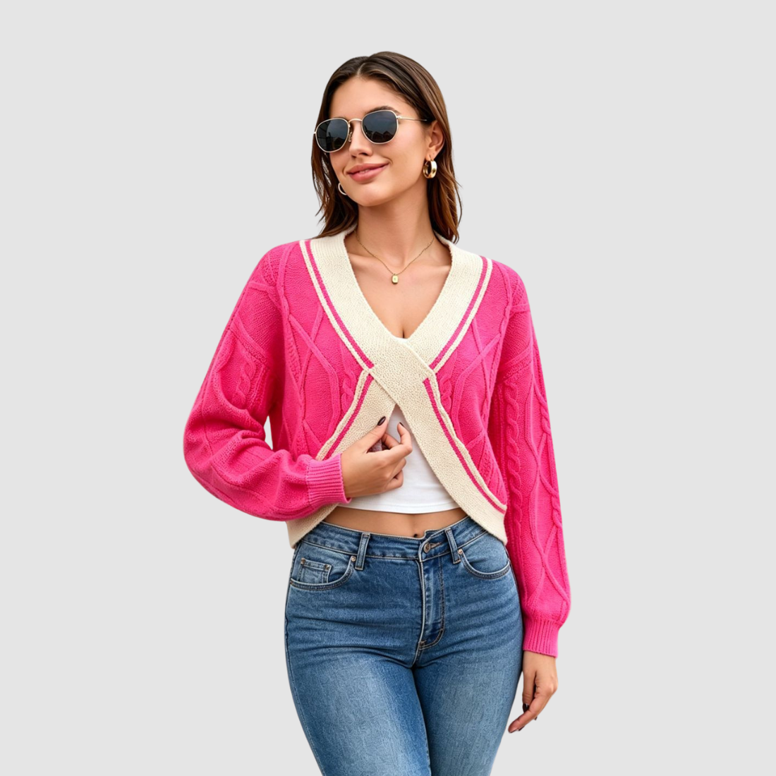 Wholesale Women’s Contrast V-Neck Cropped Knit Sweater
