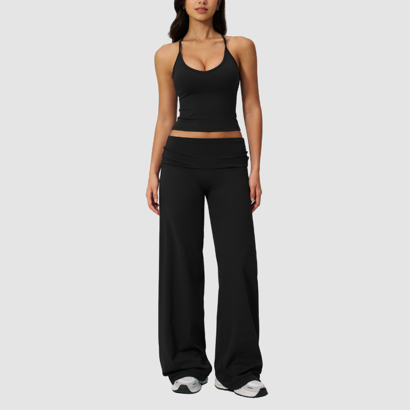 Wholesale Breathable Tank Top& Fold-up High Waist Flare Leggings Set