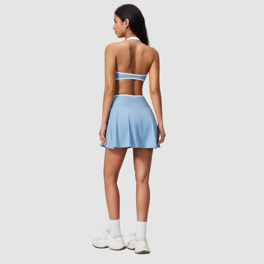 Wholesale Women's Color Block Sports Bra & Anti-Exposure High-Waist Mini Skirt Set – Naked Feel Yoga Gym Activewear