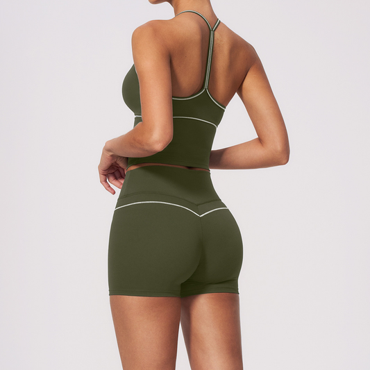 Wholesale Women's Brushed Yoga Set: Halter V-Neck Bra & Shorts – Colorblock Quick-Dry