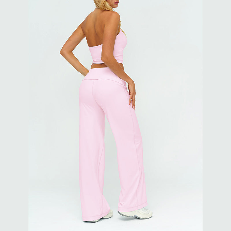 V-neck backless tank top + high-waisted loose wide-leg pants 2-piece set