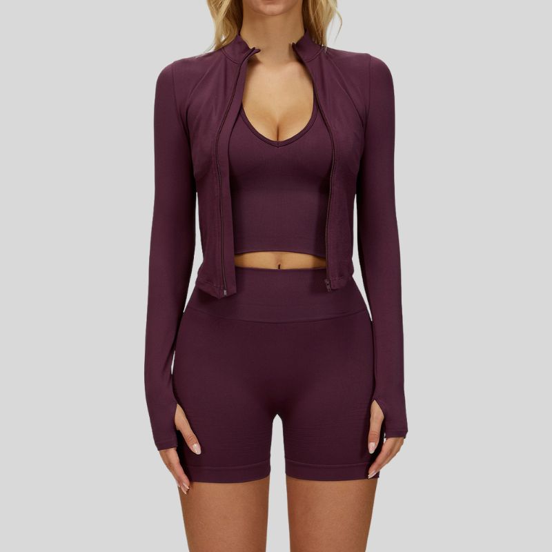 Sujetador de yoga sin costuras + pantalones cortos + set de 3 piezas con chaqueta de cremallera completa de manga larga