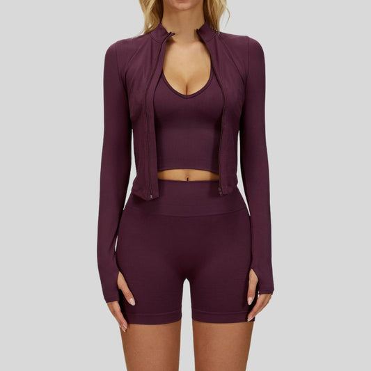 Seamless Yoga Bra + Shorts + Long Sleeve Full Zipper Jacket 3-piece Set