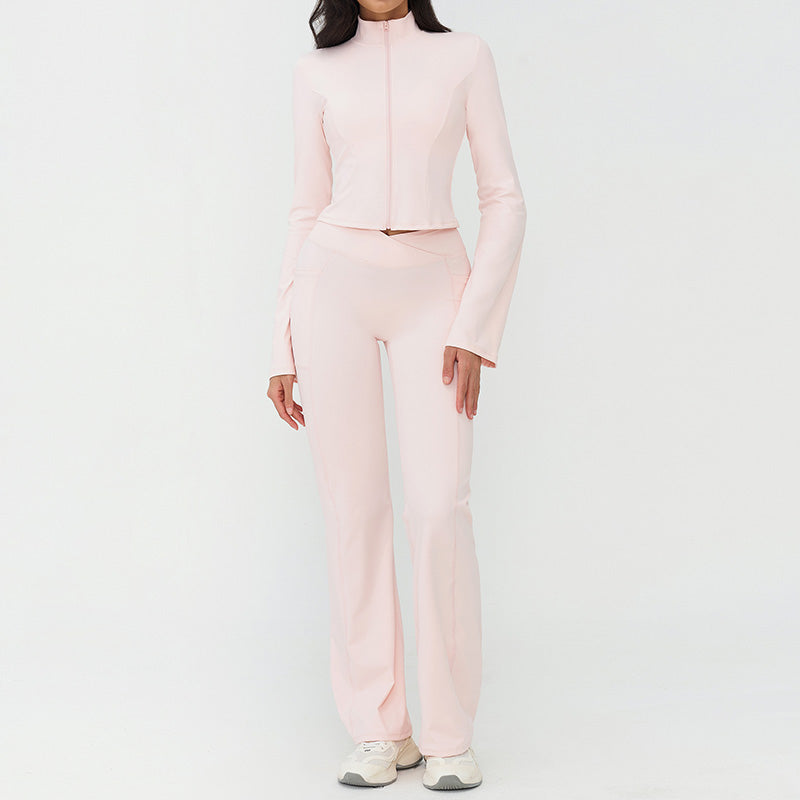 Stand-up collar yoga jacket + nude high-waisted flared pants 2-piece set