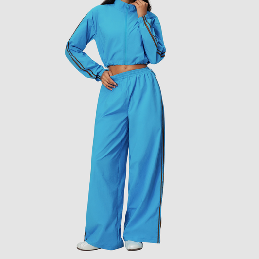 Wholesale Women's Color-Block Stand-Collar Wide-Leg Pants Sports Set