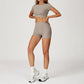 Round-neck short-sleeve high-waist fitted top+High-waist shorts 2-PIECE SET