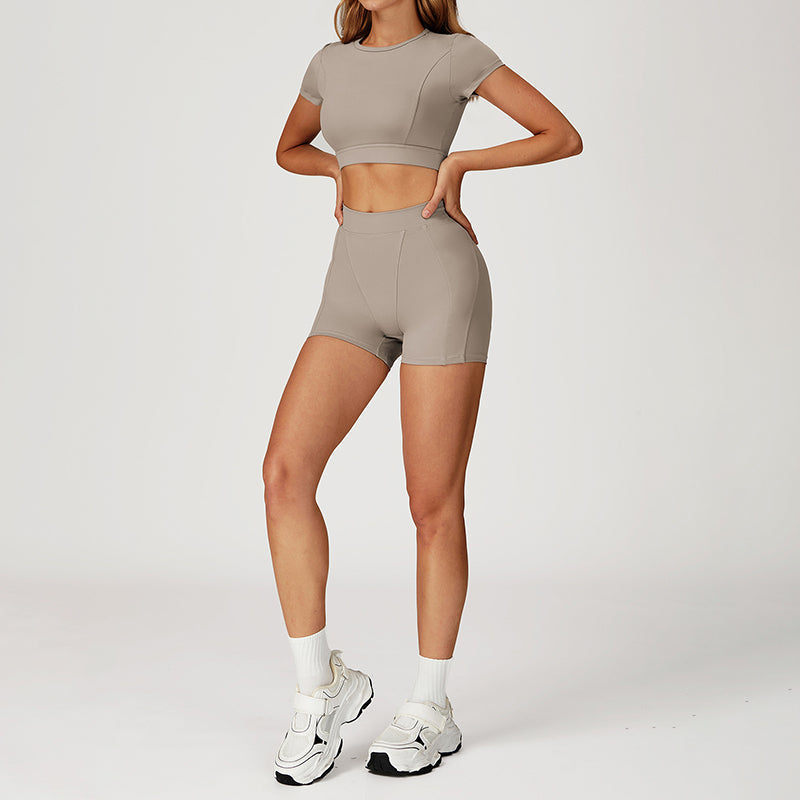 Round-neck short-sleeve high-waist fitted top+High-waist shorts 2-PIECE SET