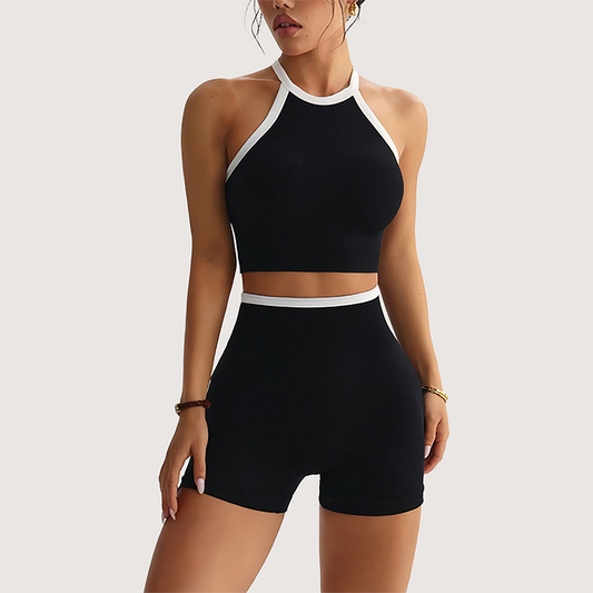 Wholesale Women's Colorblock Open Back Yoga Set – High-Waist Shorts & Bra