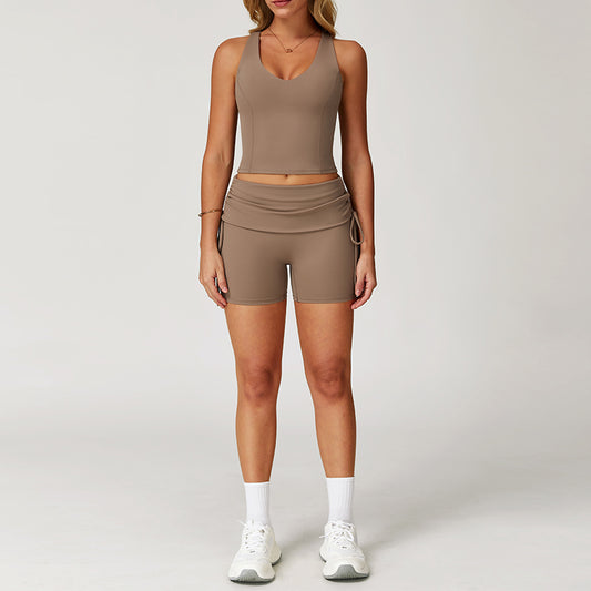 Nude Racerback yoga bra + High-waisted shorts 2-piece set