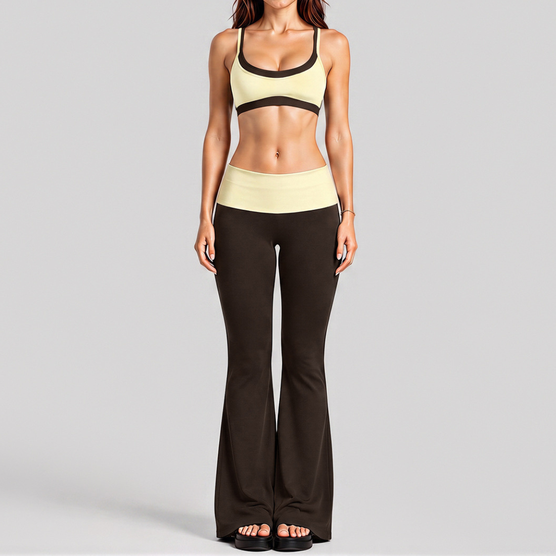Women's Activewear Padded Faux Two-Piece Sports Bra & Flared Pants Yoga Set