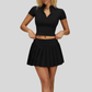 Slim-fit stand-up collar short-sleeved top+Anti-exposure design pleated skirt 2-piece set