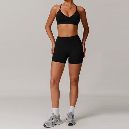 Cross Back Sports Bra + Shorts de cintura alta