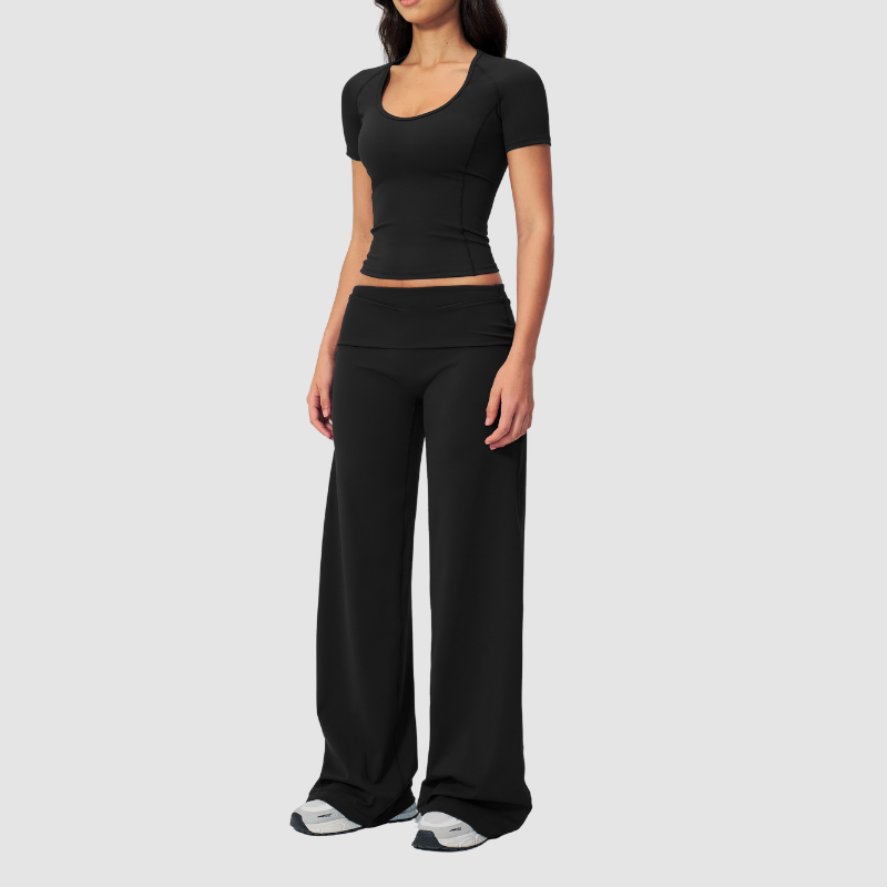 Wholesale Seam-Detail Cropped T-Shirt & Folding waist Flare Leggings Set