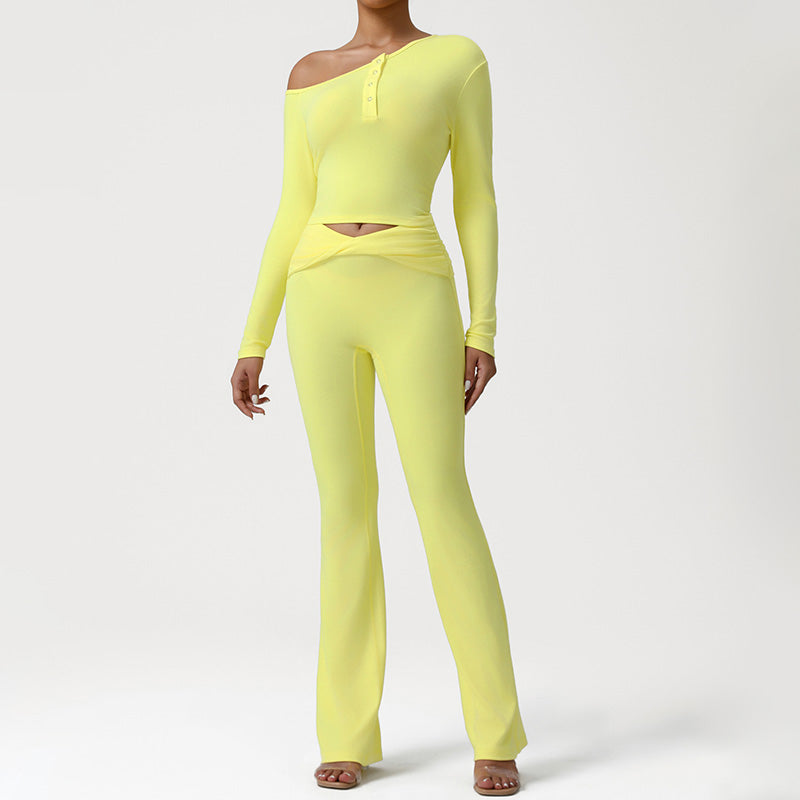 One-Shoulder Long Sleeve top + Crossover Waist Flared Pants 2-Piece Set